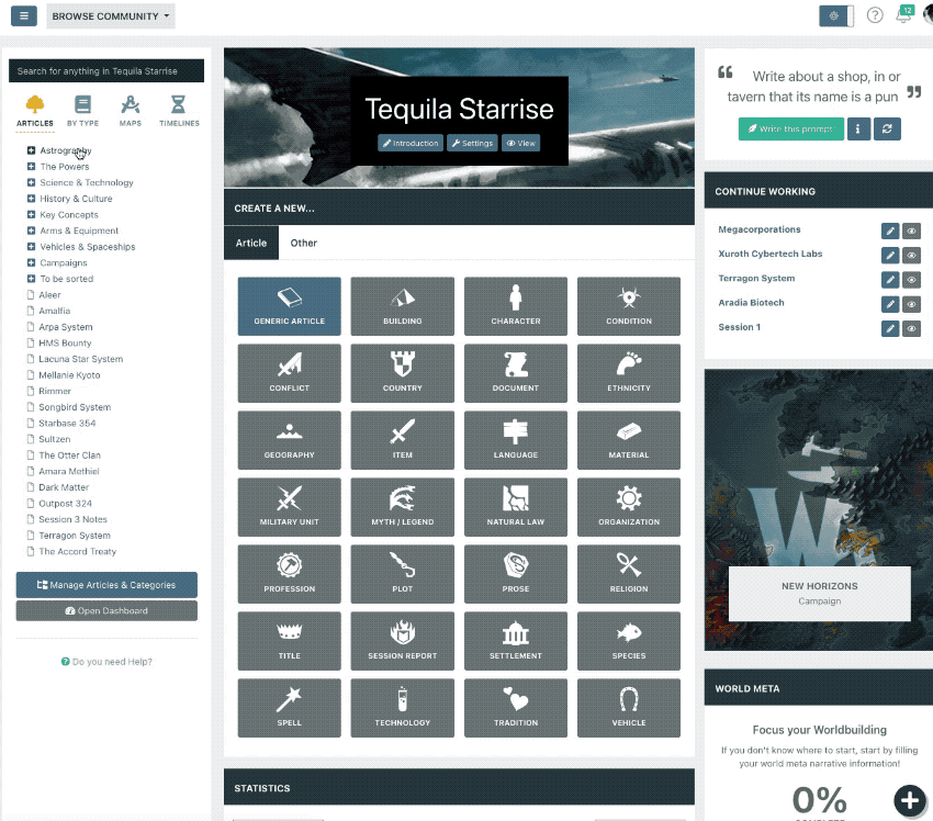 Showcase of world Anvil’s novel organizer software, displaying full search of novel world building and quick article display in the interface.